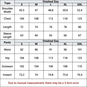 Detailed size guide table for the men's casual suit set, showing S to XXL measurements.