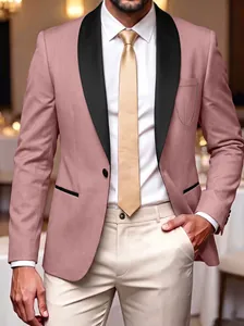 Professional detail shot of a pink slim fit wedding blazer with black shawl lapel