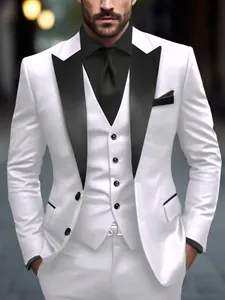 Elegant white tuxedo suit for men featuring black peak lapels and a matching white vest