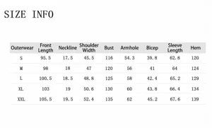 Comprehensive size information chart for long men's wool blend overcoat garment