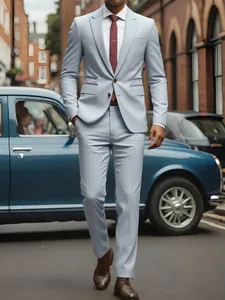 Premium slim fit silver men's business suit set featured in a professional street photo.
