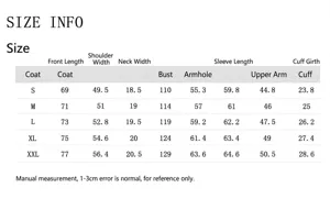 Size chart for men's casual wool jacket showing detailed measurements for S to XXL sizes