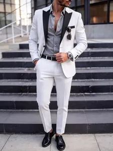 Slim-fit white tuxedo jacket with black lapels and matching trousers for men's business casual