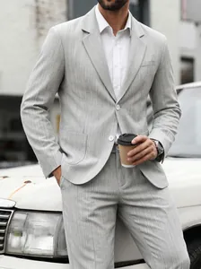 Traje de negocios gris claro con rayas diplomáticas para hombre slim fit completo