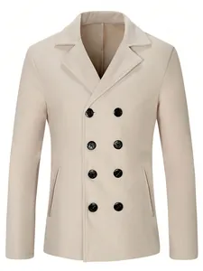 Detailed view of men's beige double-breasted wool blend coat with elegant black buttons