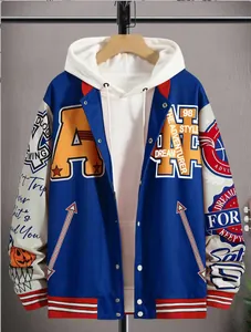 Stylish men's blue and white varsity jacket with detailed embroidery and patchwork graphics