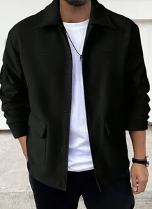 Detailed view of a premium black casual woolen jacket for men featuring a lapel collar
