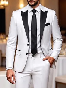 Detail of a white men's suit with black lapels and matching black tie.