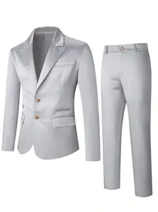 Detail view of silver men's two-piece suit set with glossy finish blazer and pants