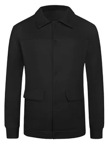 Front view of men's casual black wool jacket featuring turn-down collar and flap pockets