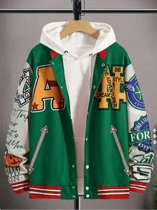 Detail of trendy green varsity jacket featuring vibrant patches and cream sleeves