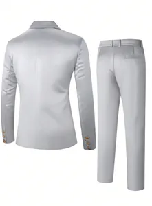 Back view of elegant silver men's two-piece suit set with blazer and trousers