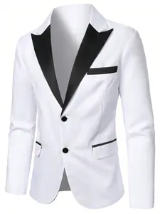 Detailed view of white men's blazer featuring black lapels and pocket trim