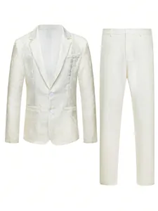 Elegant white men's jacquard suit set including blazer and trousers for weddings