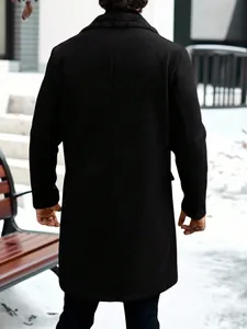 Rear view of a premium long black wool coat for men featuring a soft plush collar design