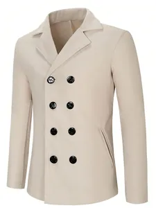 Men's business casual double-breasted wool blend peacoat in beige