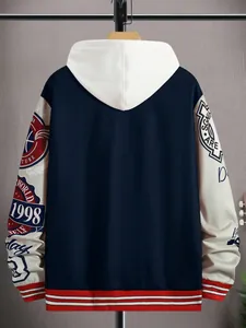 Back view detail of navy blue hooded varsity jacket with embroidered sleeve patches