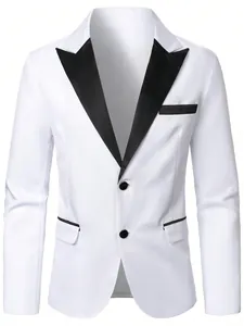 Front view detail of white men's blazer with black peak lapels and two-button closure