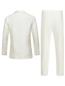 Back view of men's ivory white floral jacquard suit set for weddings and banquets