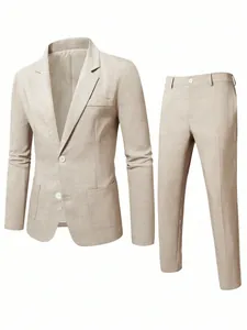 Detailed view of a two-piece beige men's slim-fit business suit set with linen texture