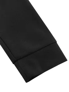 Close-up detail of black woolen jacket cuff showing fine fabric texture and stitching