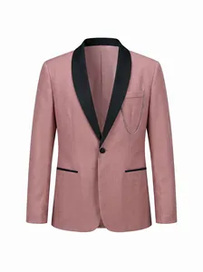 Pink men's formal blazer with black shawl lapel and decorative chest pocket chain detail
