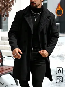 Detail of men's black long wool overcoat featuring a cozy fleece-lined collar for winter.