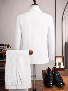 Macro view of white textured striped suit jacket and trousers set for elegant men.