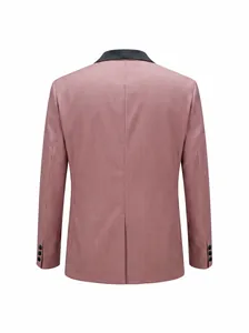Men's dusty rose tuxedo blazer featuring a black shawl lapel, shown in a detailed back view.