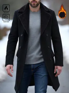 Mens black long wool blend overcoat with fleece collar and warm lining detail