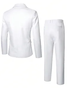 Detail back view of a high-quality classic white two-piece men's business casual suit set