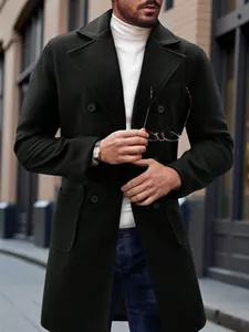 Close-up detail of men's stylish black wool overcoat with double-breasted design