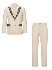 Elegant cream men's two-piece suit set with intricate gold embroidery for formal events