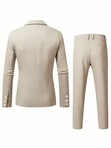 Professional back view of a beige men's suit set with a distinct linen-like texture