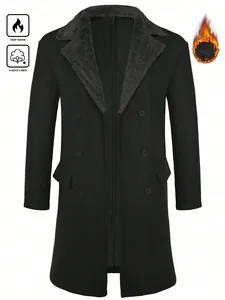 Detailed view of men's black long wool coat with warm grey fleece lining and collar