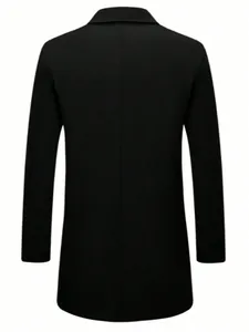 Close-up back view of a classic black men's casual wool overcoat with clean seams