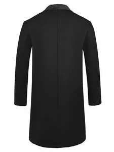 Back view of a premium men's long black woolen overcoat featuring a plush fur collar