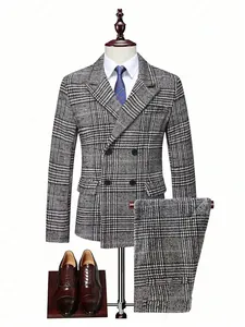 Full view detail of a classic grey plaid double-breasted suit presented on a mannequin