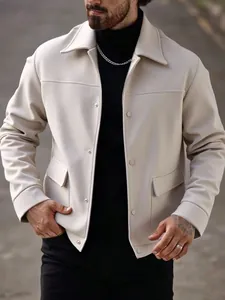Close-up of men's apricot woolen jacket with lapel collar and flap pockets