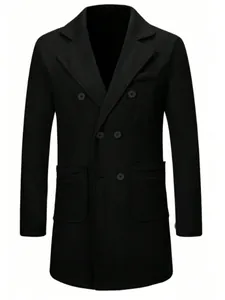 Classic black men's double-breasted woolen overcoat for autumn and winter style.