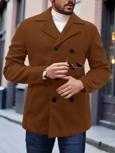 Detail view of brown wool coat showing double-breasted buttons and classic notched lapel