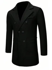 Detailed front view of a black double-breasted men's wool overcoat with wide lapels