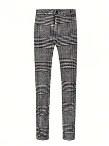 Close-up of men's classic grey plaid trousers showing fabric texture and slim cut