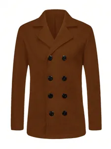 Front view detail of a classic men's brown double-breasted wool blend business pea coat