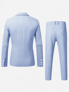 High-quality back view of light blue men's slim fit business suit set with textures.