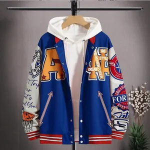 Men's blue and white streetwear varsity jacket with vintage patchwork and white hood