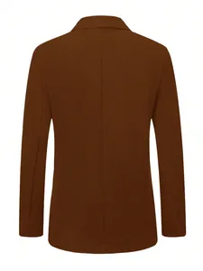 Detailed back view of a men's classic brown business casual wool blend overcoat garment