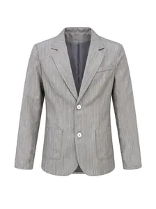Vista frontal de blazer de negocios gris texturizado con botones blancos y solapa