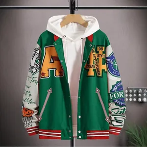 Men's streetwear varsity jacket with green patchwork and white hood for autumn