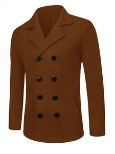 Classic men's brown double-breasted wool overcoat with lapel collar and side pockets